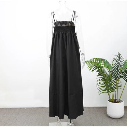 Black A-line Women's Long Dress Elegant Square Neck Pleated Sleeveless Sling Maxi Dresses 2025 Summer Lady Vacation Party Robes