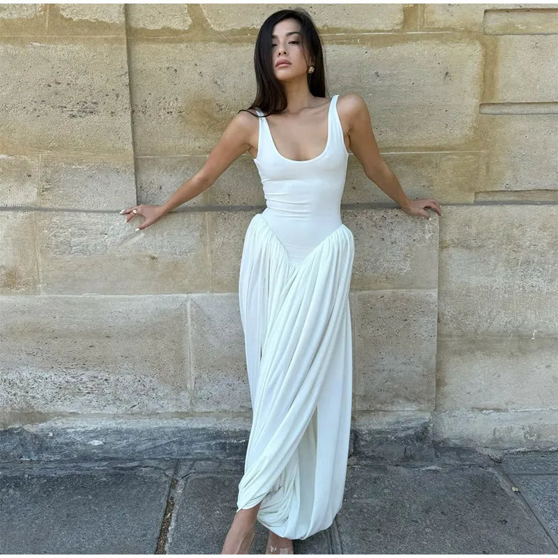 Black A-line Women's Long Dress Elegant Square Neck Pleated Sleeveless Sling Maxi Dresses 2025 Summer Lady Vacation Party Robes