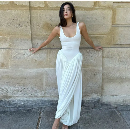 Black A-line Women's Long Dress Elegant Square Neck Pleated Sleeveless Sling Maxi Dresses 2025 Summer Lady Vacation Party Robes