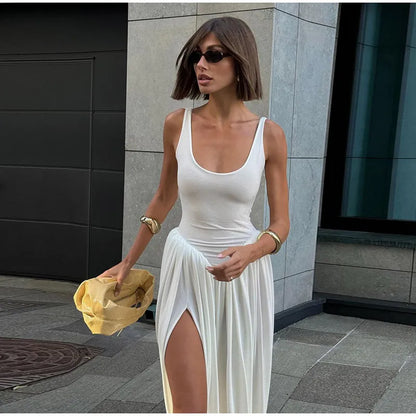 Black A-line Women's Long Dress Elegant Square Neck Pleated Sleeveless Sling Maxi Dresses 2025 Summer Lady Vacation Party Robes