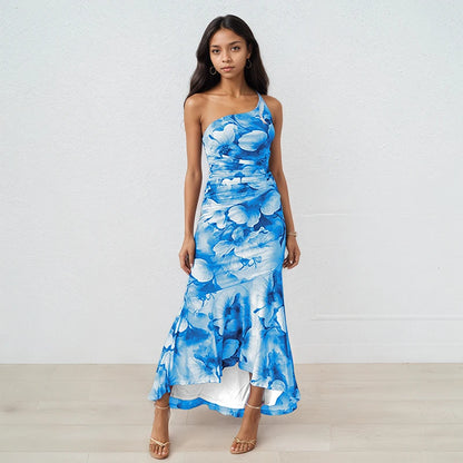 DEAT 2025 Summer New Asymmetric Shoulder Print Contrast Color Dresses For Women Beach Vacation Style Dress Female 33A4229