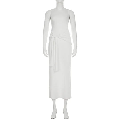 Tuularose Fashion Bandage Maxi Dress Women Elegant Pleated Patchwork Slit Dress Solid Sleeveless Office Lady Tank Top Dress Robe
