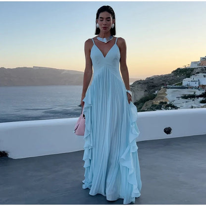 Women Blue V-neck Spaghetti Strap Dress Solid Elegant Sleeveless Waist Slimming Ruffle Edge Gowns Holiday Evening Dresses 2025