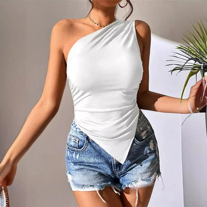 Sexy One Shoulder Ruched Asymmetrical Hem Top Women Summer Casual Solid Color Pleated Sleeveless Tee Top Streetwear Y2K