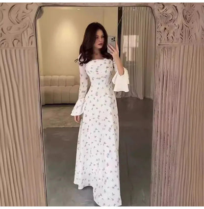 Elegant Women Long Dress Women 2025 Summer Floral Printed Long Sleeved Flare Sleeves Fashion Slim Fit Female Dresses Casual