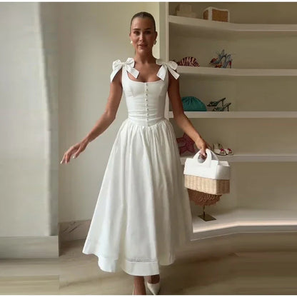 Fashion Woman Solid Bow A-line Dresses Ankle-length Sleeveless Backless Elegant Robes Swish Evening Party Bandage Slim Vestido