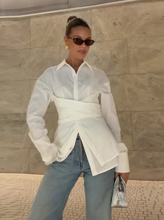 Fashion Design White Shirt Women Long Sleeve Lapel Streetwear Blouse Casual  Y2k Harajuku Irregular Spring Tops 2025