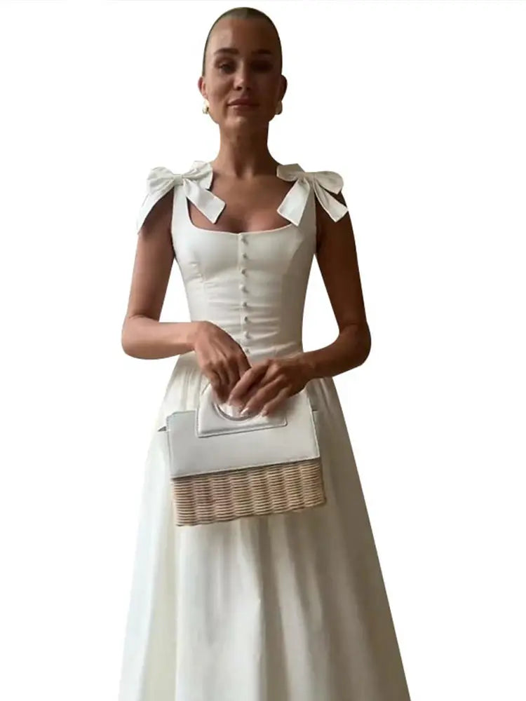 Fashion Woman Solid Bow A-line Dresses Ankle-length Sleeveless Backless Elegant Robes Swish Evening Party Bandage Slim Vestido
