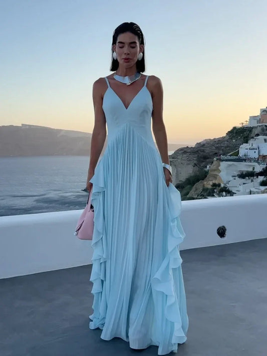 Women Blue V-neck Spaghetti Strap Dress Solid Elegant Sleeveless Waist Slimming Ruffle Edge Gowns Holiday Evening Dresses 2025