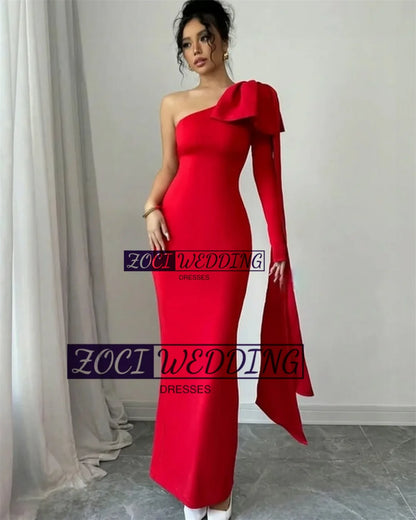 Zoci Sexy One Shoulder Saudi Arabic Prom Dresses Red Elastic Satin Bow Straps Formal Party Gown Customized Mermaid Evening Gown