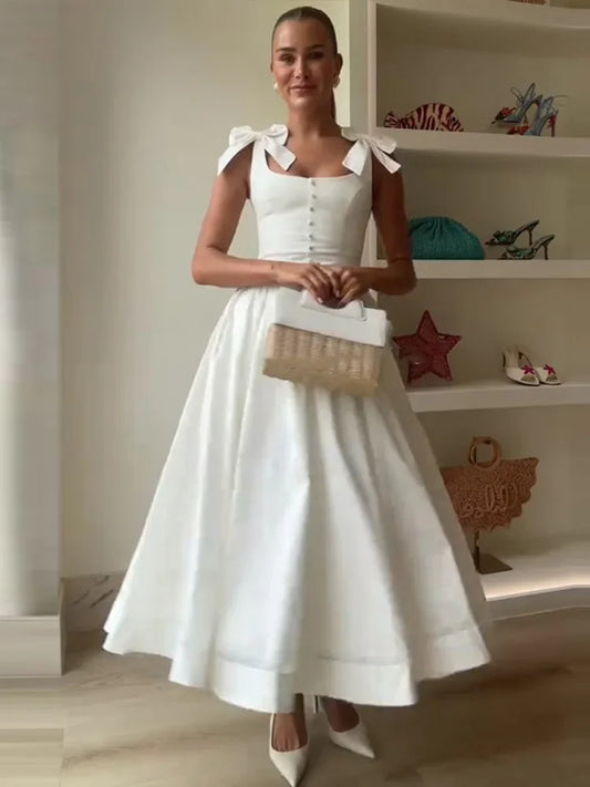 Fashion Woman Solid Bow A-line Dresses Ankle-length Sleeveless Backless Elegant Robes Swish Evening Party Bandage Slim Vestido