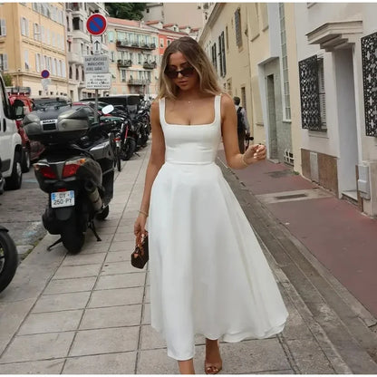 Elegant Square Neck Midi Dress For Women Summer Sleeveless High Waist Party Wedding Dress Female Chic Holiday Evening Vestidos
