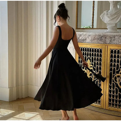 Elegant Square Neck Midi Dress For Women Summer Sleeveless High Waist Party Wedding Dress Female Chic Holiday Evening Vestidos