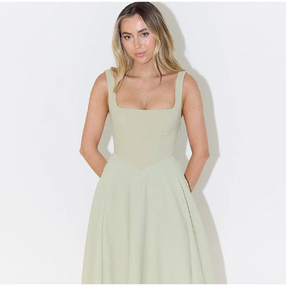 Elegant Square Neck Midi Dress For Women Summer Sleeveless High Waist Party Wedding Dress Female Chic Holiday Evening Vestidos