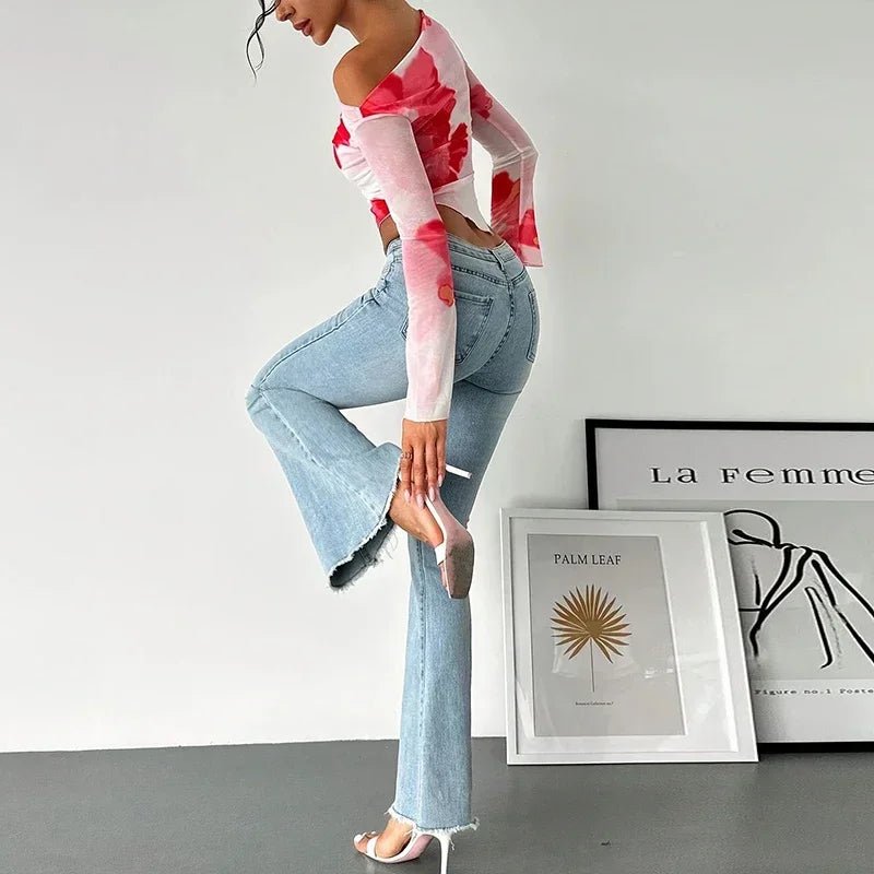 Sexy Long Sleeve T Shirt Women Slash Neck Printed Short Tops Female Elegant Slim Tee Women T-Shirts Spring Summer Shirt