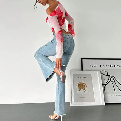 Sexy Long Sleeve T Shirt Women Slash Neck Printed Short Tops Female Elegant Slim Tee Women T-Shirts Spring Summer Shirt
