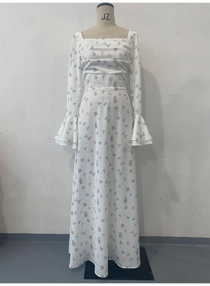 Elegant Women Long Dress Women 2025 Summer Floral Printed Long Sleeved Flare Sleeves Fashion Slim Fit Female Dresses Casual