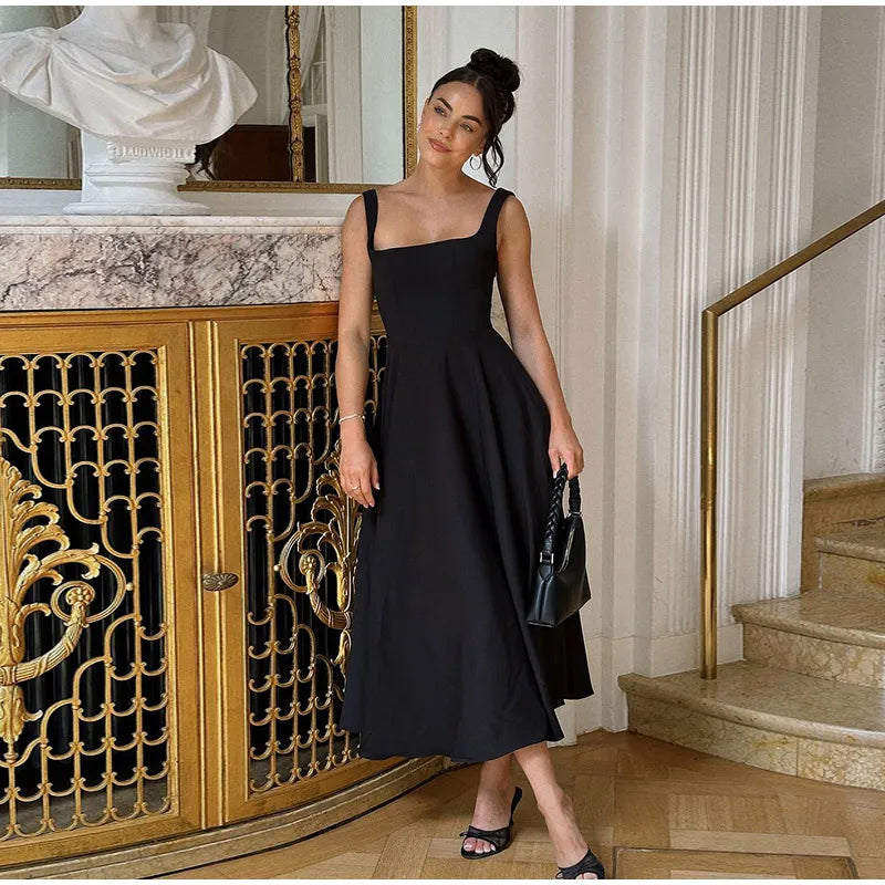 Black A-line Women's Long Dress Elegant Square Neck Pleated Sleeveless Sling Maxi Dresses 2025 Summer Lady Vacation Party Robes