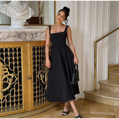 Black A-line Women's Long Dress Elegant Square Neck Pleated Sleeveless Sling Maxi Dresses 2025 Summer Lady Vacation Party Robes