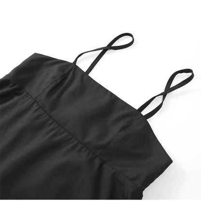 Black A-line Women's Long Dress Elegant Square Neck Pleated Sleeveless Sling Maxi Dresses 2025 Summer Lady Vacation Party Robes