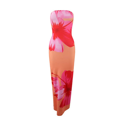 Summer 2025 New Fashion Temperament Sexy Strapless Slim Holiday Long Dress Elegant Backless Printing Sleeveless Dress