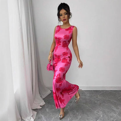 European And American Printed Sleeveless Straight Temperament Dress