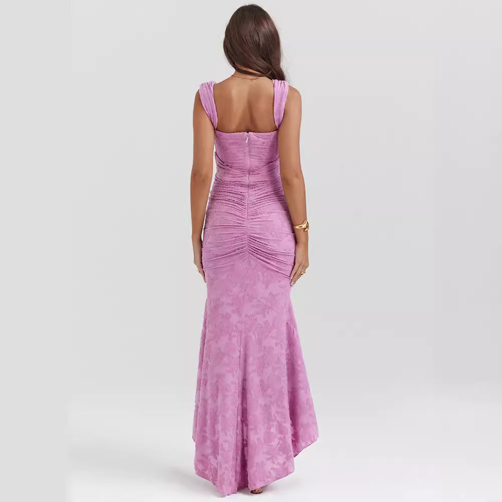 Off-shoulder Solid Color Sleeveless Cold-shoulder Fishbone Long Dress
