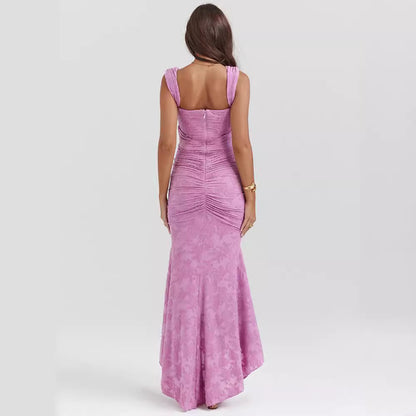 Off-shoulder Solid Color Sleeveless Cold-shoulder Fishbone Long Dress
