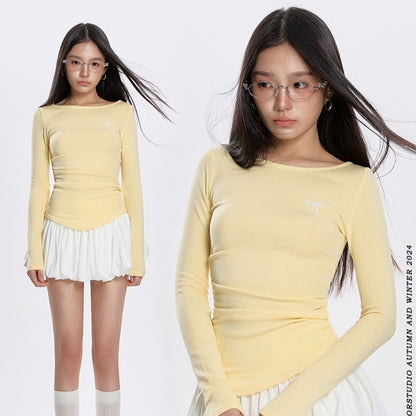 Early Spring Round Neck Pleated All-match Long-sleeved T-shirt