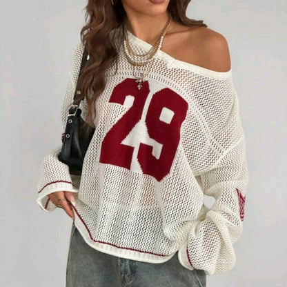 New Women's Knitted Striped Digital Print Blouse