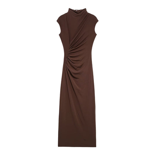 Women's Solid Color Pleated Decorative Waist Slim Fit Dress
